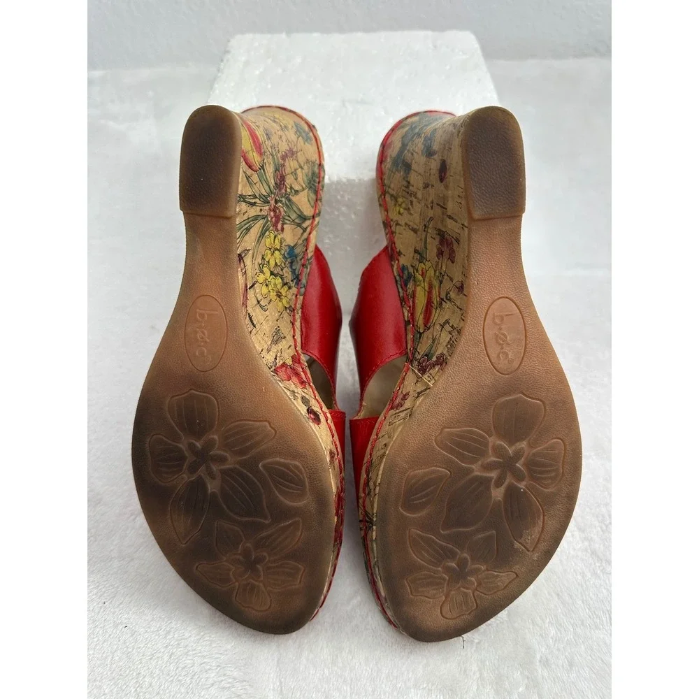 BOC Born Concept Red Leather Floral Cork Wedge Mules Women's Size 8M